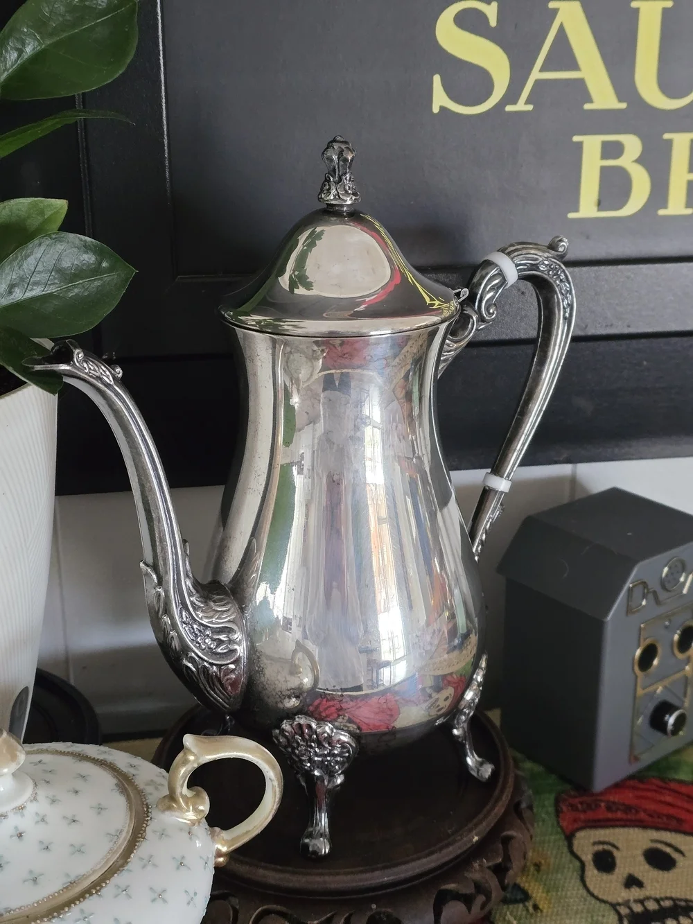 Vintage Silver Plated Coffee/Teapot - Ornate Raised Feet & Scroll Handle